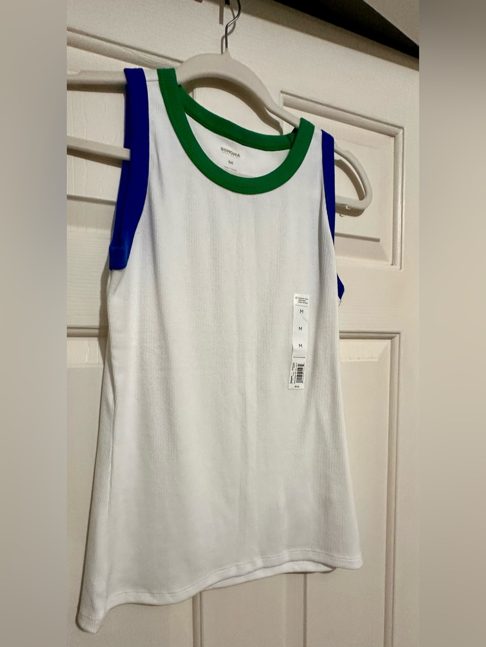 Sonoma White Ribbed Tank with Green Neckline and Blue Arm Trim
